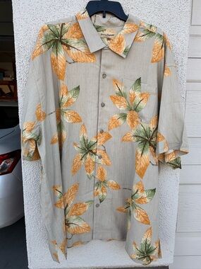 Tommy Bahama Beige Button-Down Shirt with Orange and Green Leaf Print